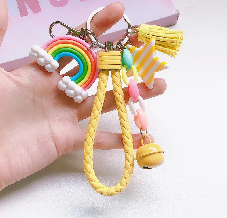 New Lovely Cute Rainbow Key Chain Leather Strap Braided Rope Tassel Keychain for Women Girl Bell Star Lollipop Bag Accessories