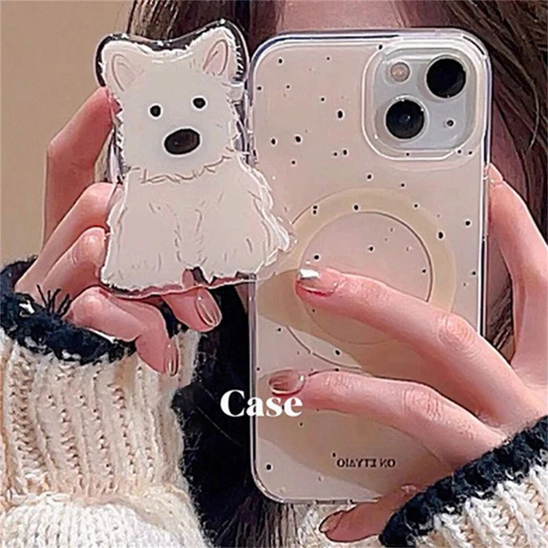 Korean Cute 3D Spring Dog Stand For Magsafe Wireless Charge Phone Case For iPhone 16 15 14 13 12 11 Pro Max 7 Plus X XR XS Cover