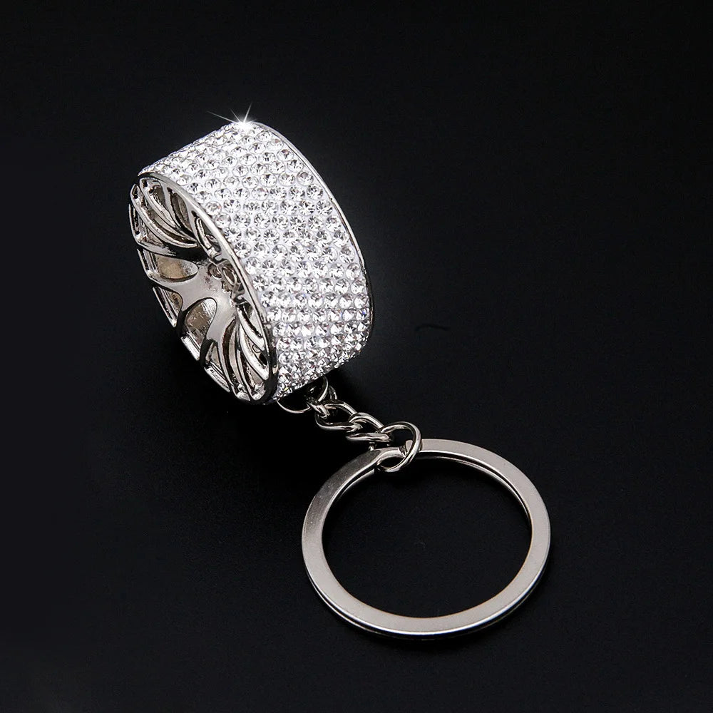 Car Crystal Keychain Tire Wheel Rim Key Ring 3D Keychain Creative Accessories Auto Part Model Car Keyring Key Chain Car Charms