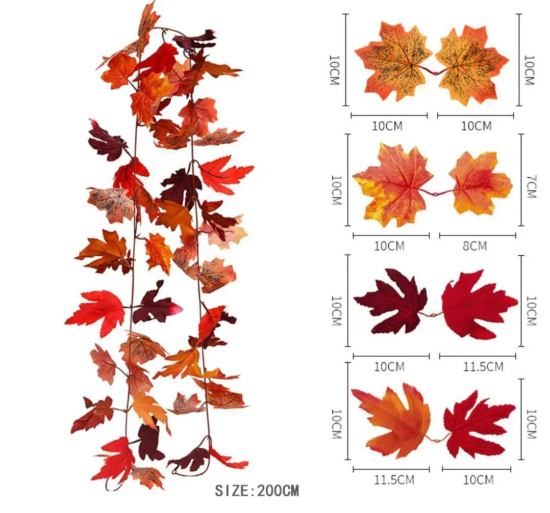 175-200cm Artificial Red Maple Leaf Vine Garland Outdoor Hanging Vine Leaf Arch Garden Thanksgiving Halloween Autumn Decoration