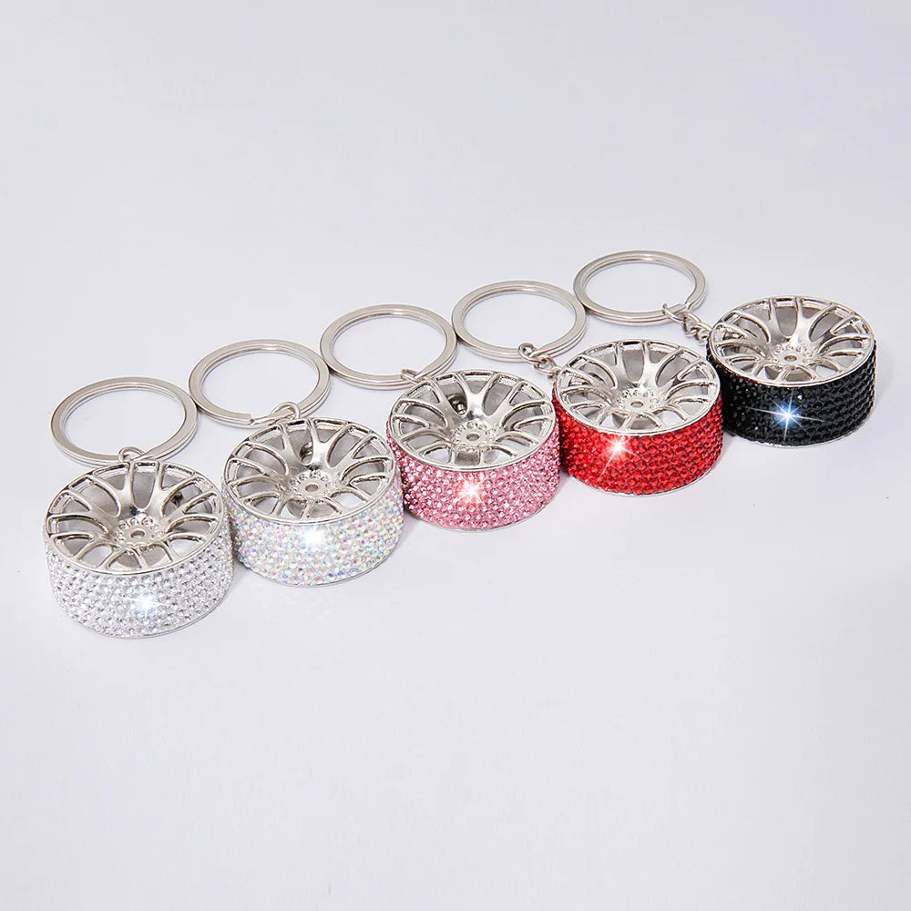 Car Crystal Keychain Tire Wheel Rim Key Ring 3D Keychain Creative Accessories Auto Part Model Car Keyring Key Chain Car Charms