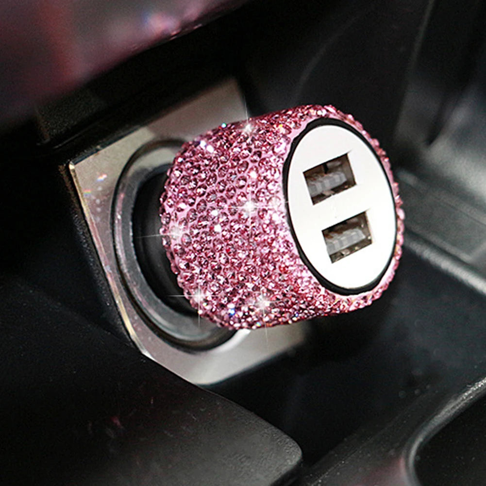 New Bling USB Car Charger 5V 2.1A Dual Port Fast Adapter Pink Car Decor Car Styling Diamond Car Accessories Interior for Woman