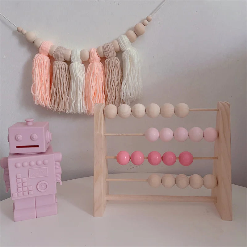 Natural Wooden Abacus With Beads Kids Room Desktop Decor Baby Early Learning Educational Toys Girl Boy Room Craft Ornament Gifts