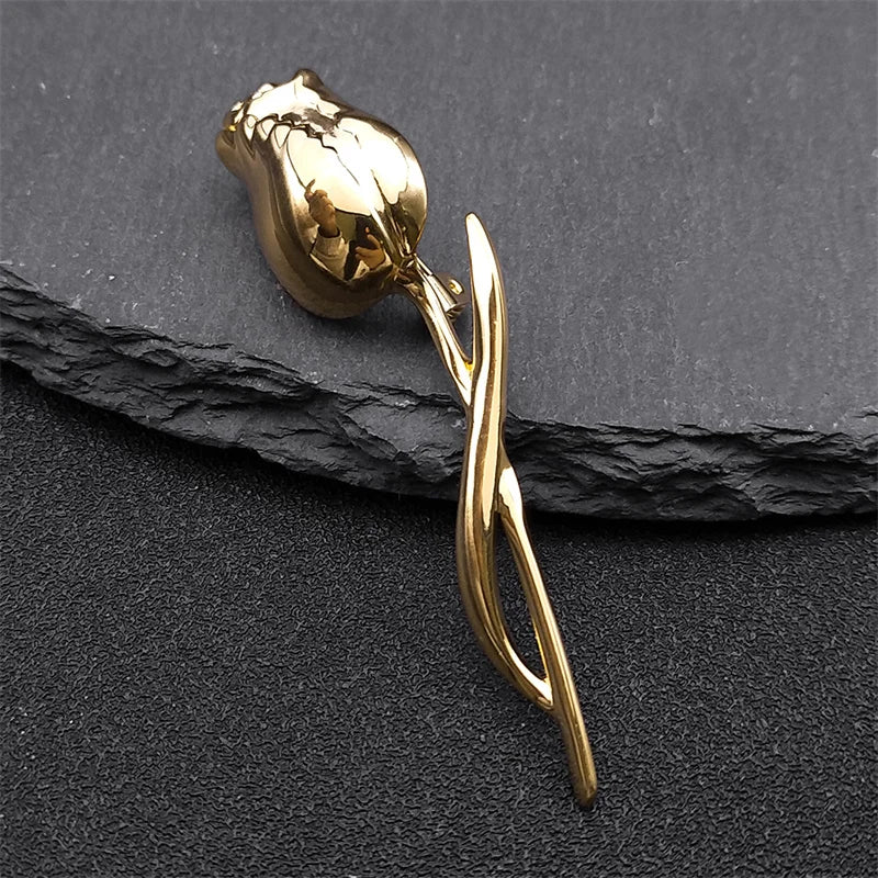 Fashion Rose Flower Brooches for Women Men Gold Color Stainless Steel Party Brooch Lapel Pin Gifts Clothing Coat Jewelry