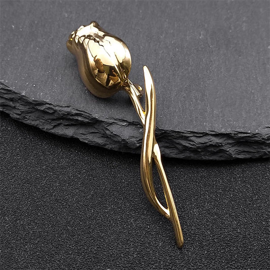 Fashion Rose Flower Brooches for Women Men Gold Color Stainless Steel Party Brooch Lapel Pin Gifts Clothing Coat Jewelry