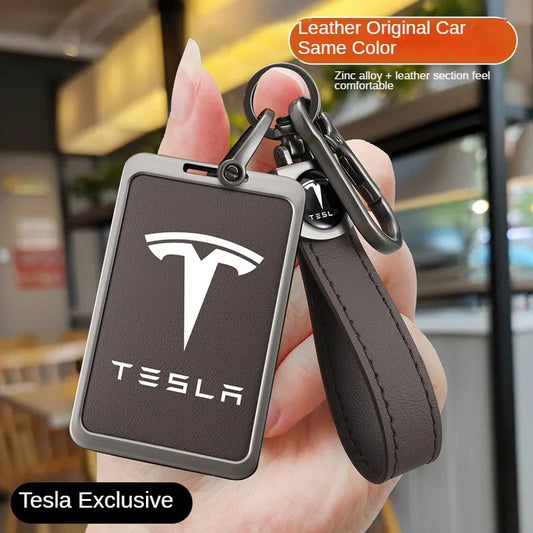 For Tesla Model 3 Y Card Case Keychain Protector Cover Holder Alloy Keychains Bag Leather Chain Prevent Loss Key Fob Metal Ring