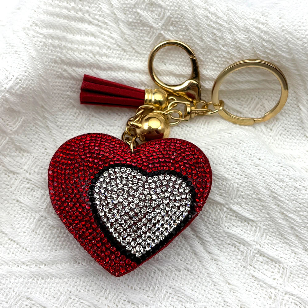 Two Heart Love Keychain Women Red White Rhinestone Romantic Keyring Jewelry Female Fashion Bag Charm For Valentine'S Day Gift