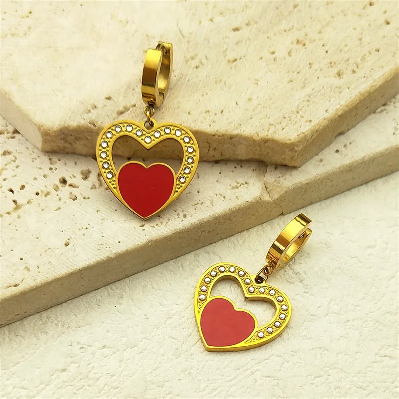 Trendy Double Love Heartbeat Heart Shape Earrings for Women Girls Enamel Stainless Steel Gold Color Gifts JewelryZZZ758-2