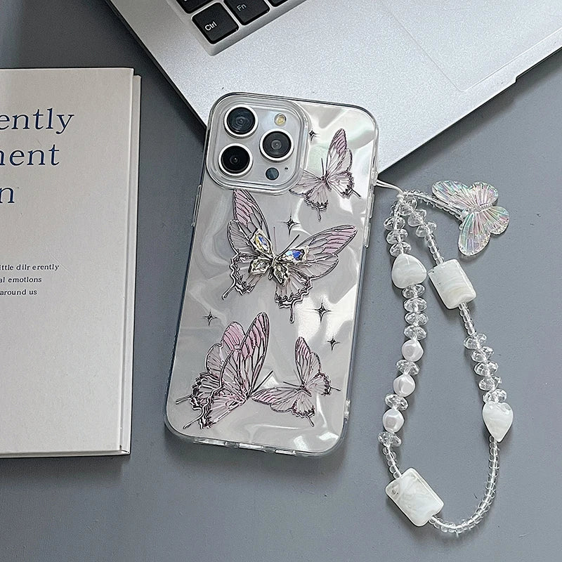 Luxury Butterfly Laser Glitter Chain Phone Case For iPhone 15 Pro Max 16 14 13 12 11 X XS 7 8 Plus Fashion Soft Shockproof Cover