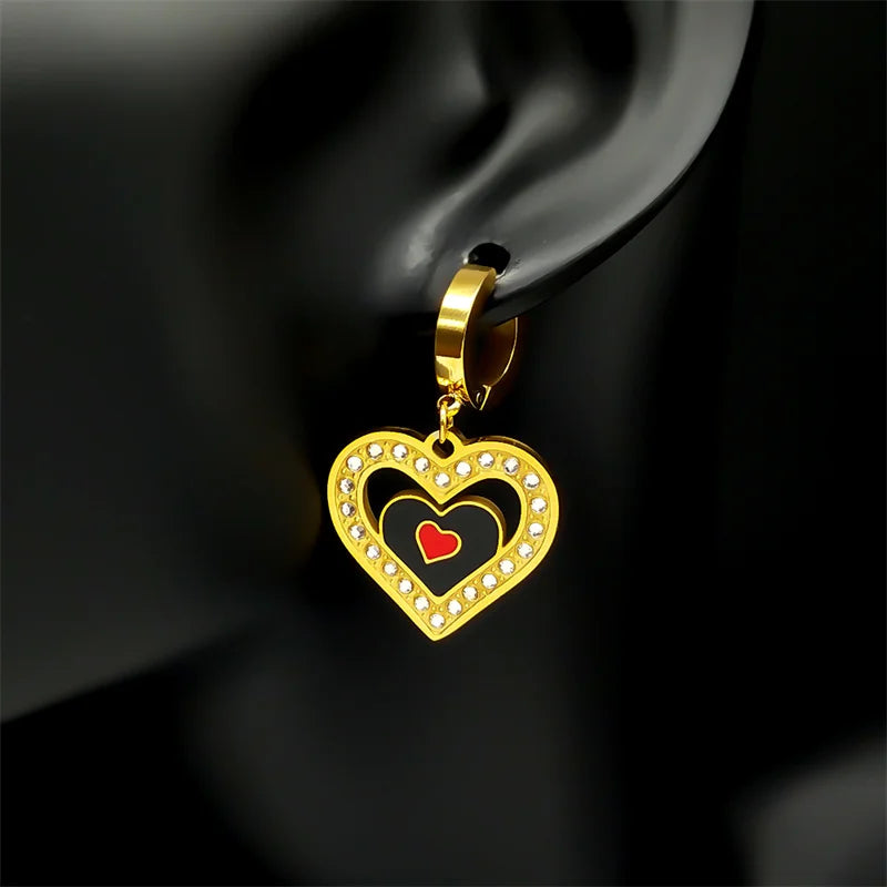 Trendy Double Love Heartbeat Heart Shape Earrings for Women Girls Enamel Stainless Steel Gold Color Gifts JewelryZZZ758-2