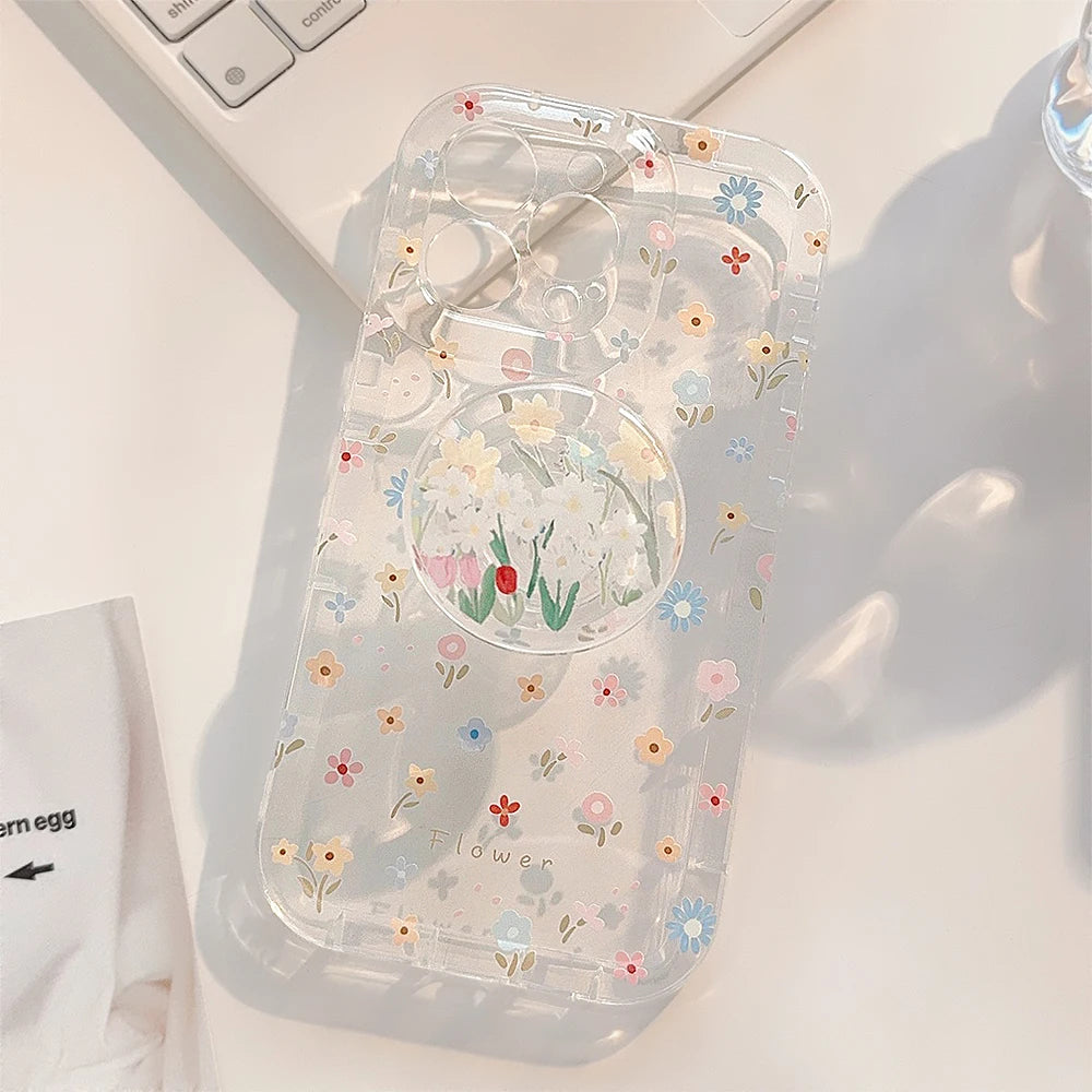 Cute Flower Holder Phone Case For iPhone 15 Pro Max 14 13 12 11 15 16 XR X XS 7 8 Plus Circular bracket Floral Clear Soft Cover