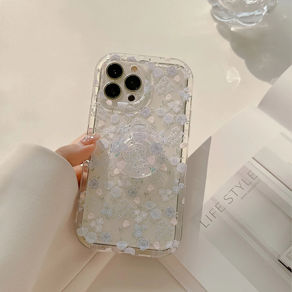 Transparent Flower Phone Case For iPhone 15 Pro Max 14 13 12 11 16 SE XR X XS 7 8 Plus Aesthetic Floral Cover Funda with Holder