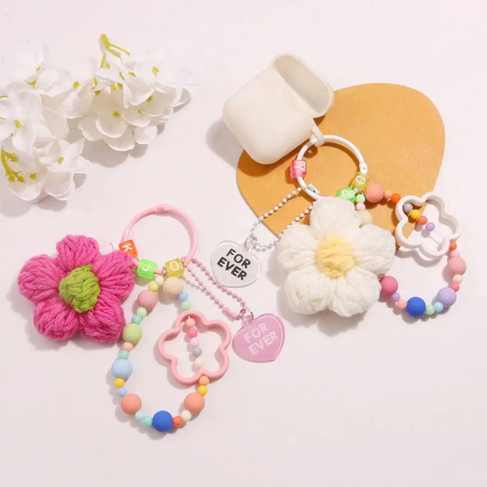 Cartoon Wool Knitted Flowers Key Chains Beaded Wristlet Lanyard Bracelet Keyring For Women Girl Bag Pendant Charms Keychain Gift