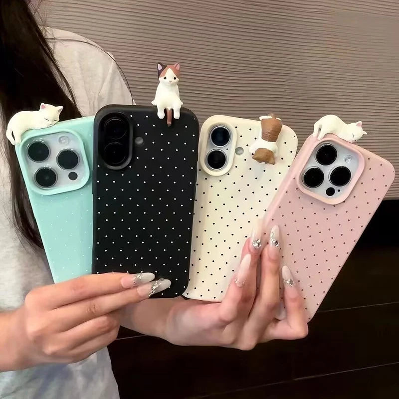 Korea Lovely Polka Dot Pattern Soft Phone Case For iPhone 16 15 14 13 12 Pro Max Plus X XR Cute 3D Cartoon Cat Shockproof Cover