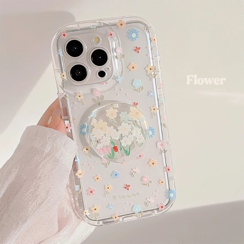 Cute Flower Holder Phone Case For iPhone 15 Pro Max 14 13 12 11 15 16 XR X XS 7 8 Plus Circular bracket Floral Clear Soft Cover