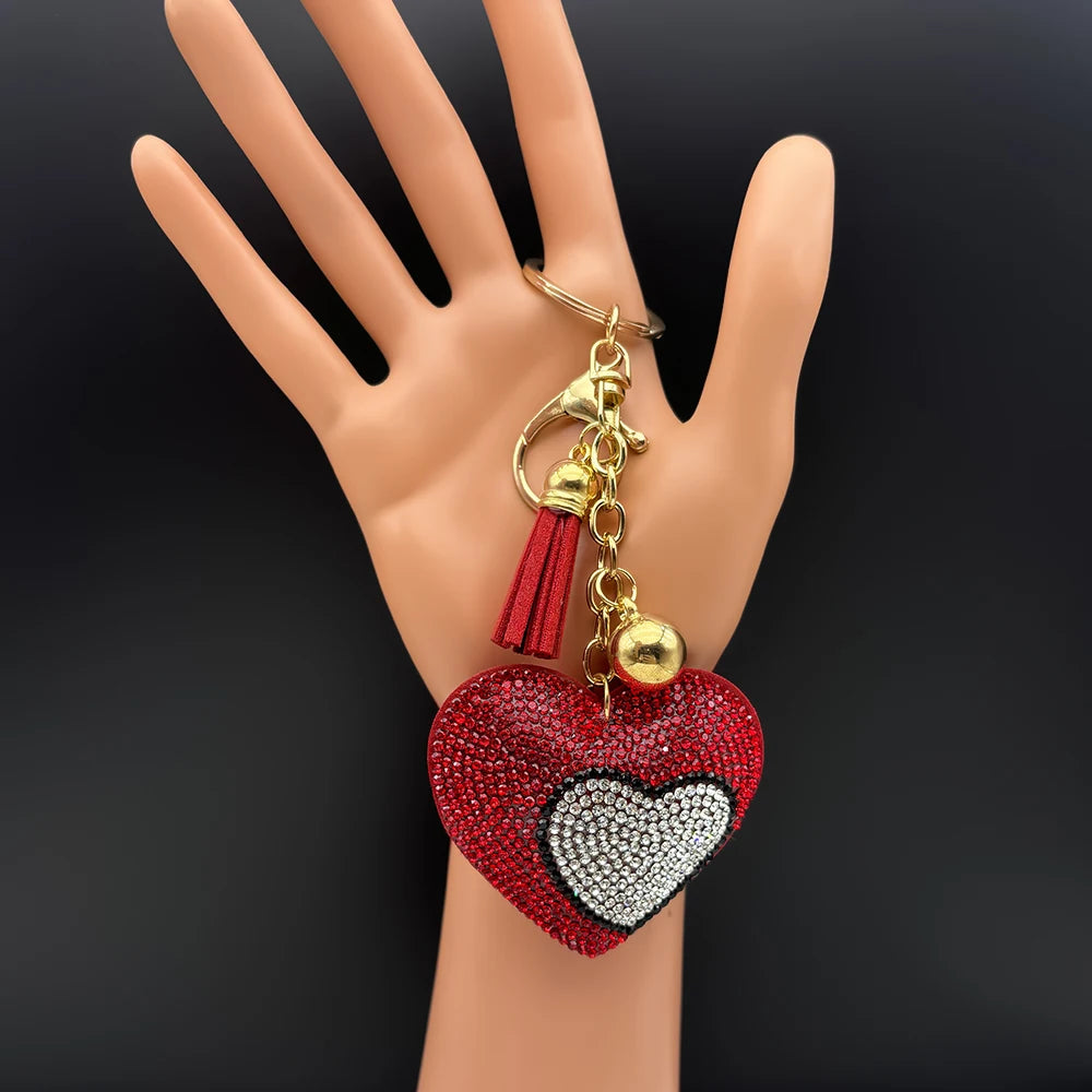 Two Heart Love Keychain Women Red White Rhinestone Romantic Keyring Jewelry Female Fashion Bag Charm For Valentine'S Day Gift