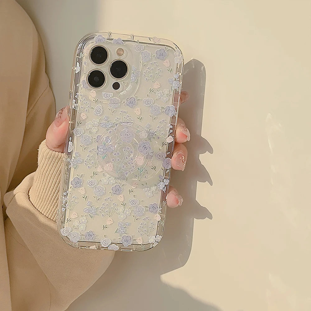 Transparent Flower Phone Case For iPhone 15 Pro Max 14 13 12 11 16 SE XR X XS 7 8 Plus Aesthetic Floral Cover Funda with Holder