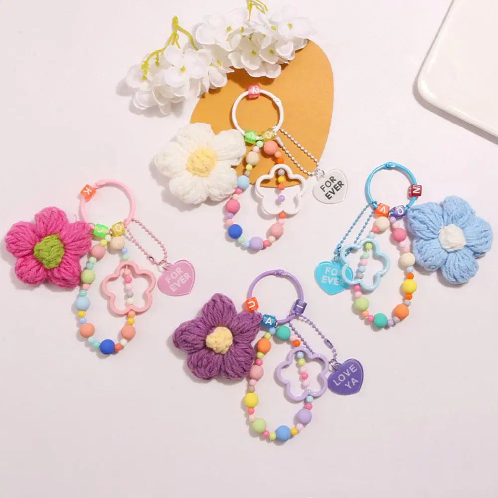 Cartoon Wool Knitted Flowers Key Chains Beaded Wristlet Lanyard Bracelet Keyring For Women Girl Bag Pendant Charms Keychain Gift