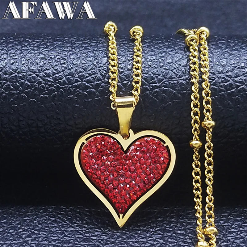 Fashion Love Red Heart Stainless Steel Crystal Charm Necklace Gold Color Small Necklaces Jewelry collier coeur rouge N8047S01