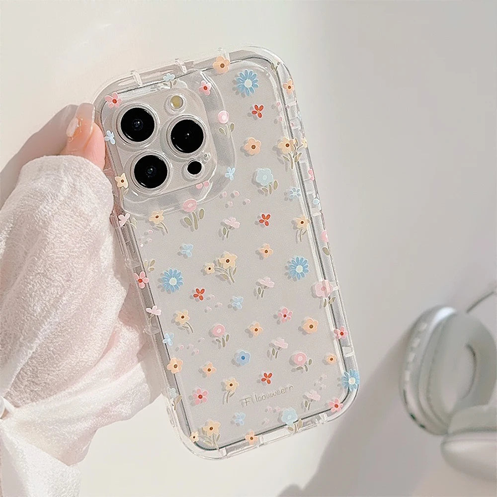 Cute Flower Holder Phone Case For iPhone 15 Pro Max 14 13 12 11 15 16 XR X XS 7 8 Plus Circular bracket Floral Clear Soft Cover