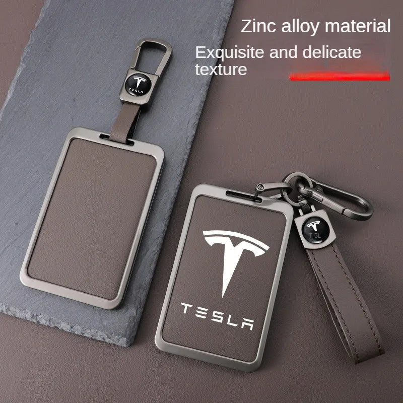 For Tesla Model 3 Y Card Case Keychain Protector Cover Holder Alloy Keychains Bag Leather Chain Prevent Loss Key Fob Metal Ring