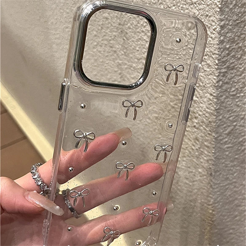 INS Korea Glitter 3D Silver Bow Beads Phone Case For iPhone 16 15 14 13 12 11 Pro Max 7 8 Plus X XS Epoxy Shell Girl Clear Cover