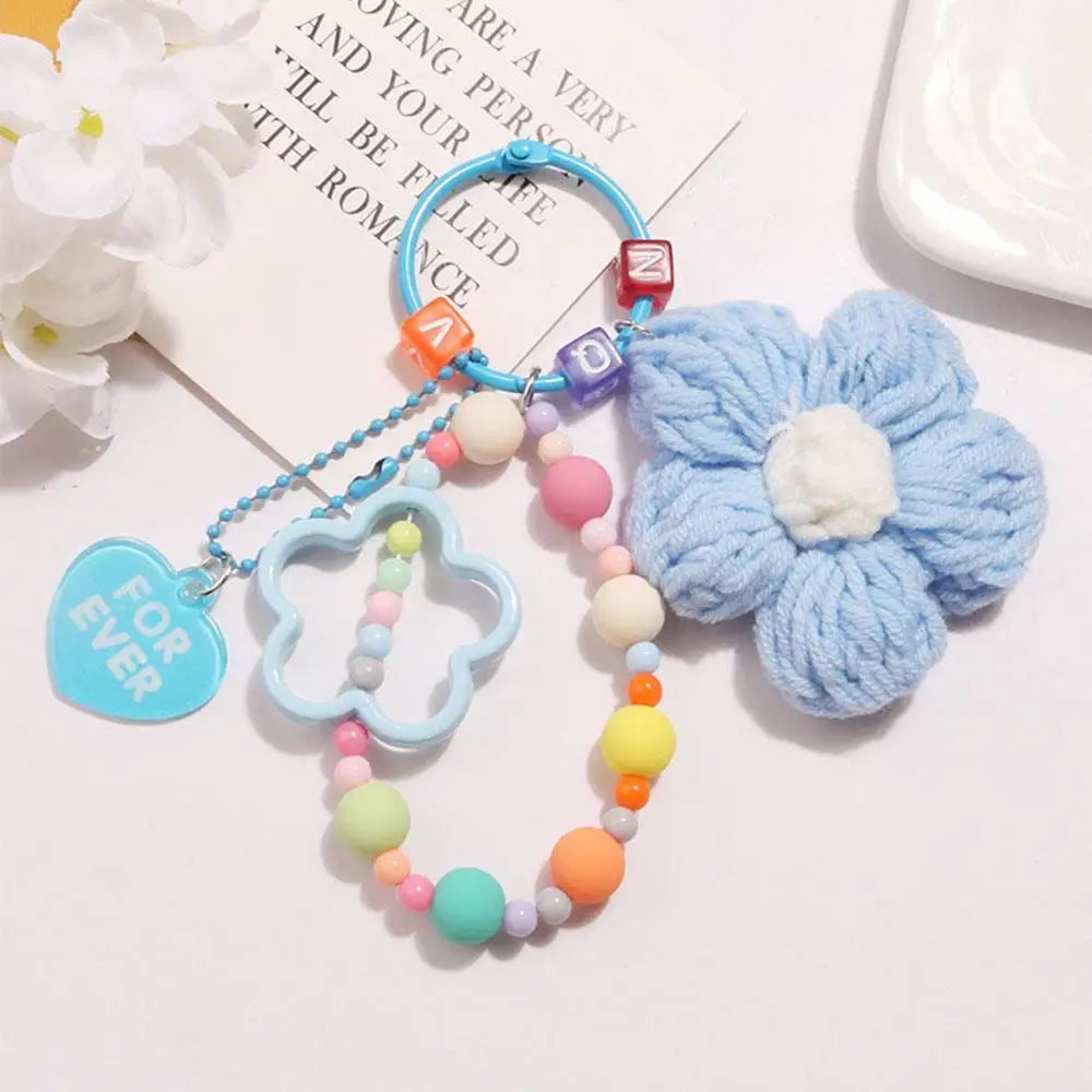 Cartoon Wool Knitted Flowers Key Chains Beaded Wristlet Lanyard Bracelet Keyring For Women Girl Bag Pendant Charms Keychain Gift