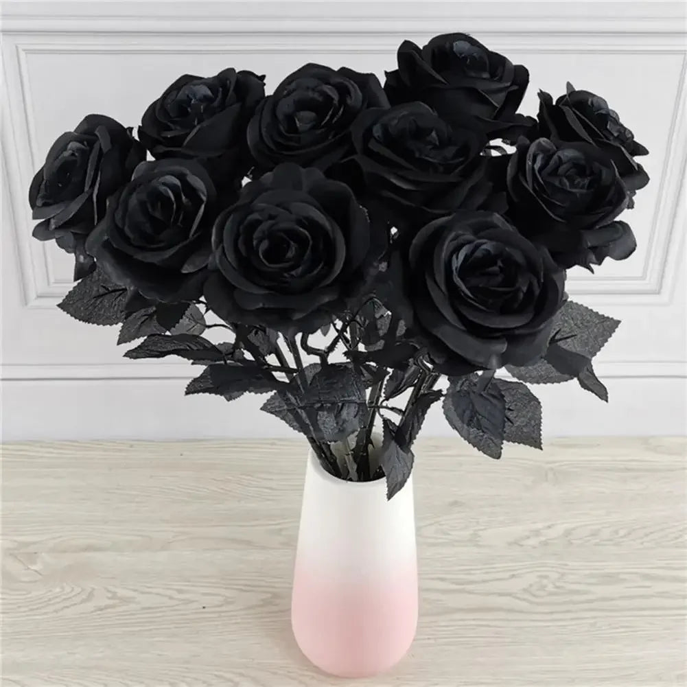 5pcs 8-9cm Silk Black Rose Artificial Flower Head Bouquet Home Living Room Wedding Chritmas Decoration New Year Decoration