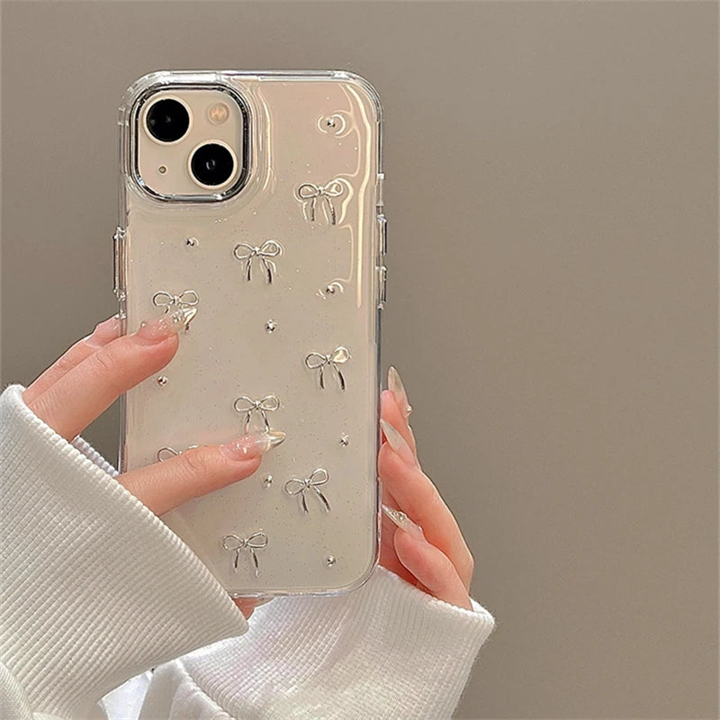 Korea Glitter 3D Silver Bow Bead Case For Samsung Galaxy S25 S24 Ultra S23 S22 Plus S21 FE A14 A15 A35 A55 A34 Epoxy Clear Cover