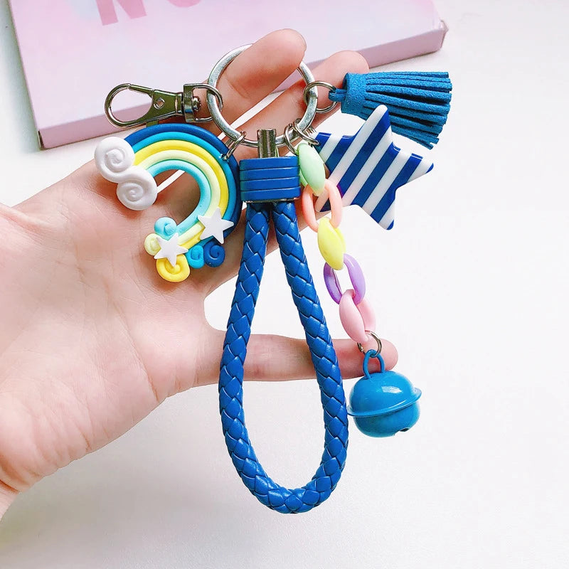 New Lovely Cute Rainbow Key Chain Leather Strap Braided Rope Tassel Keychain for Women Girl Bell Star Lollipop Bag Accessories