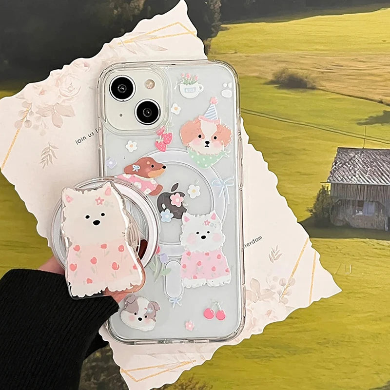 Cute Dog Flower Magsafe Case For iPhone 16 Pro Max 15 11 12 13 14 Pro XS Max X XR 7 8 Plus Magnetic Stand Holder PC Clear Cover