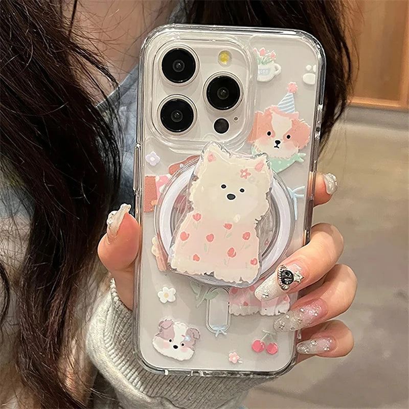 Cute Dog Flower Magsafe Case For iPhone 16 Pro Max 15 11 12 13 14 Pro XS Max X XR 7 8 Plus Magnetic Stand Holder PC Clear Cover