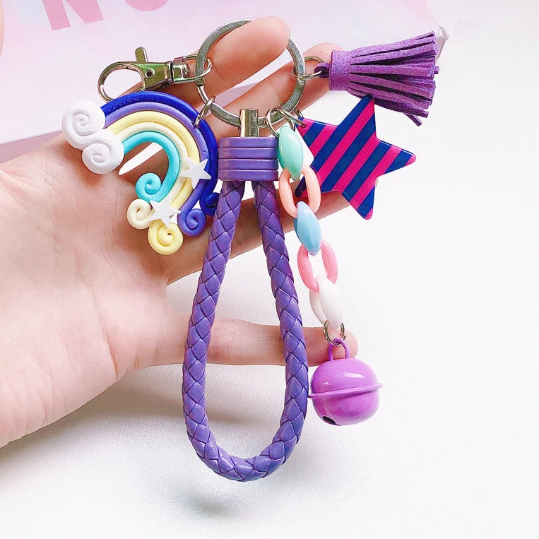 New Lovely Cute Rainbow Key Chain Leather Strap Braided Rope Tassel Keychain for Women Girl Bell Star Lollipop Bag Accessories