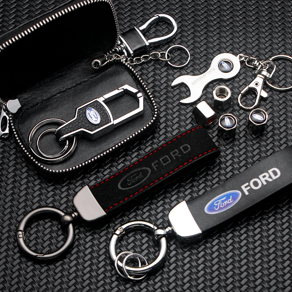 Luxury Leather Car Logo Keychain Key Rings Key Holder Auto Accessories For Ford Ranger Focus Kuga Mustang Mondeo Fusion Esco