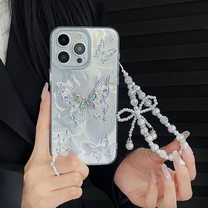 Luxury Butterfly Laser Glitter Chain Phone Case For iPhone 15 Pro Max 16 14 13 12 11 X XS 7 8 Plus Fashion Soft Shockproof Cover