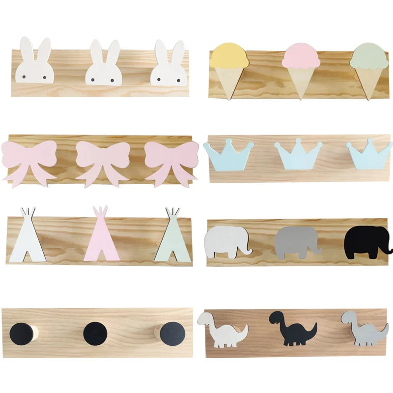 Nordic Wall Mounted Hooks Girls Boys Bedroom Decoration Pink Bow Crown Animal Coat Rack Hat Holder Nursery Wall Decor Organizer