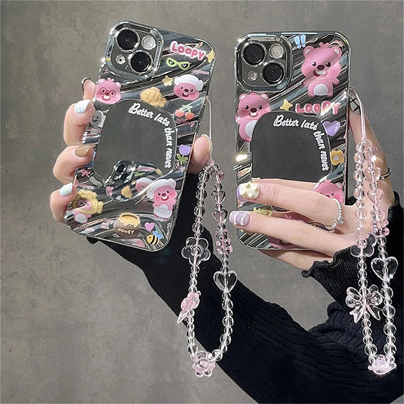 Korean Pink Bear Butterfly Flower Phone Strap Charm Chain Knot Cellphone Lanyard Keychain Woman Girl Bag Camera Pendant For Case