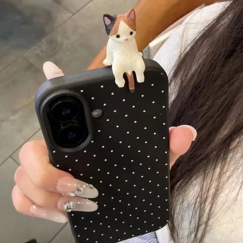 Korea Lovely Polka Dot Pattern Soft Phone Case For iPhone 16 15 14 13 12 Pro Max Plus X XR Cute 3D Cartoon Cat Shockproof Cover