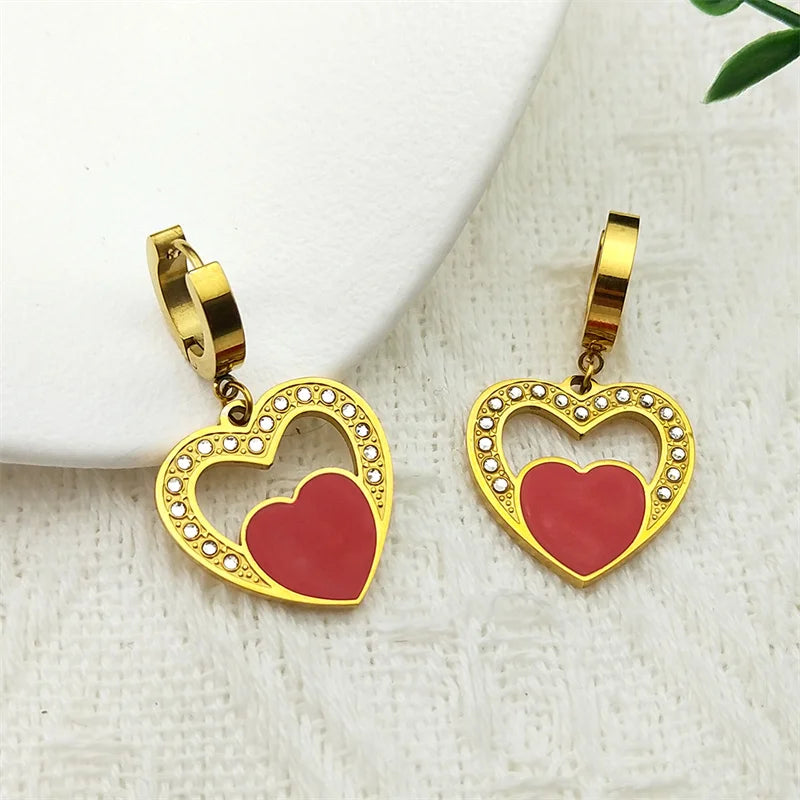 Trendy Double Love Heartbeat Heart Shape Earrings for Women Girls Enamel Stainless Steel Gold Color Gifts JewelryZZZ758-2