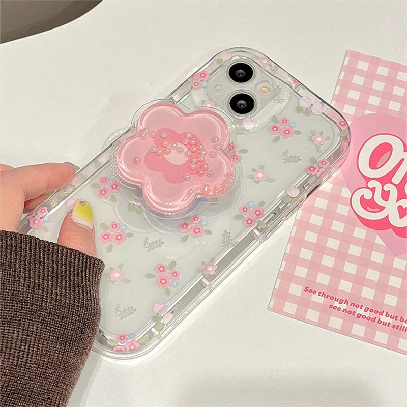 Cute Quicksand Pink Flower Holder Phone Case For iPhone 16 15 14 13 12 11 Pro Max XR X XS 7 8 Plus Stand Floral Clear Soft Cover