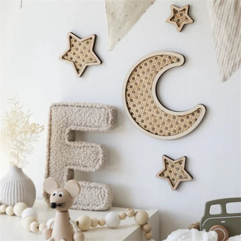 Wooden Handmade Rattan Rainbow Hot Air Balloon Moon Star Wall Decor Wood Crafts For Kids Room Wall Stickers Ornament Photo Props