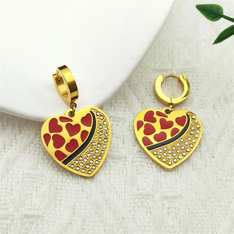 Trendy Double Love Heartbeat Heart Shape Earrings for Women Girls Enamel Stainless Steel Gold Color Gifts JewelryZZZ758-2