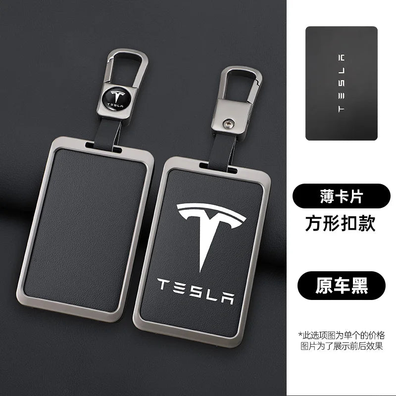 For Tesla Model 3 Y Card Case Keychain Protector Cover Holder Alloy Keychains Bag Leather Chain Prevent Loss Key Fob Metal Ring