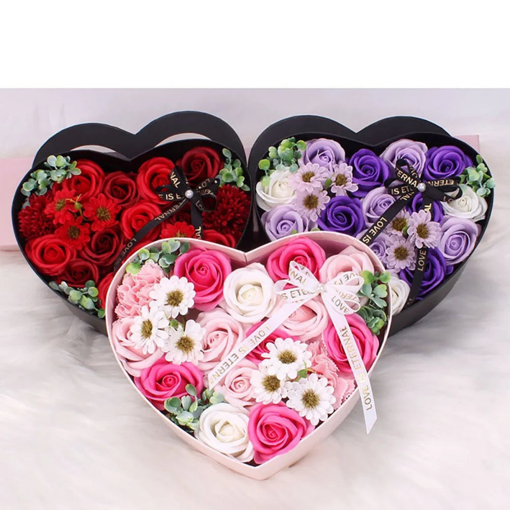 13Pcs Heart Shape Rose Gift Box Artificial Eternal Rose Bouquet Forever Red Rose Valentine Day Gift Christmas Birthday Wedding L