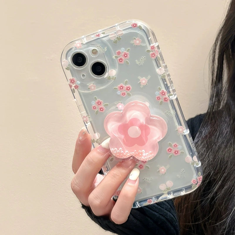 Cute Quicksand Pink Flower Holder Phone Case For iPhone 16 15 14 13 12 11 Pro Max XR X XS 7 8 Plus Stand Floral Clear Soft Cover