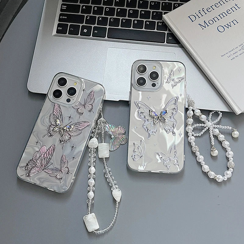 Luxury Butterfly Laser Glitter Chain Phone Case For iPhone 15 Pro Max 16 14 13 12 11 X XS 7 8 Plus Fashion Soft Shockproof Cover