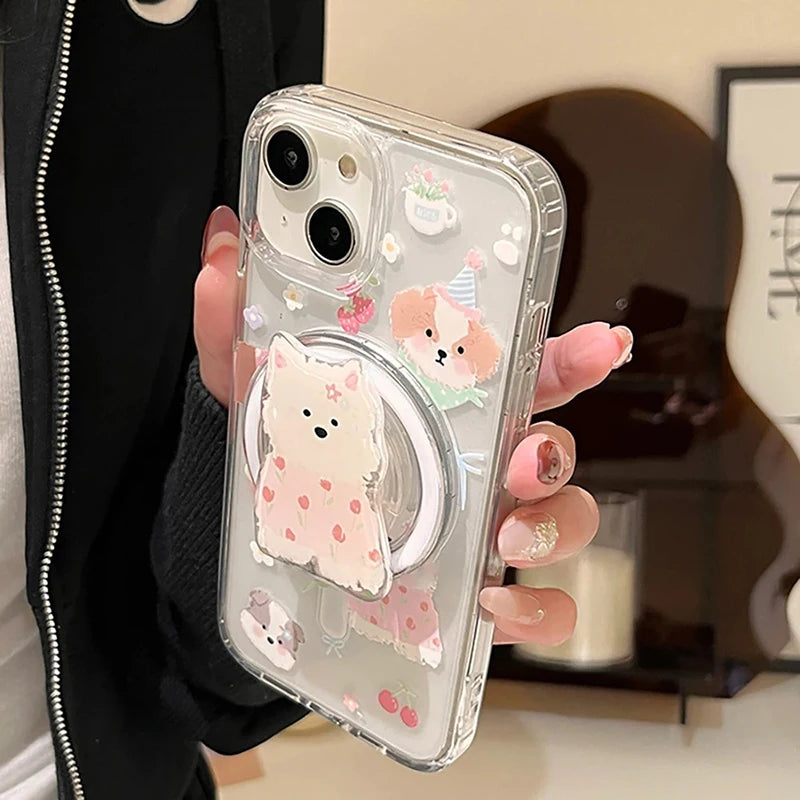 Cute Dog Flower Magsafe Case For iPhone 16 Pro Max 15 11 12 13 14 Pro XS Max X XR 7 8 Plus Magnetic Stand Holder PC Clear Cover