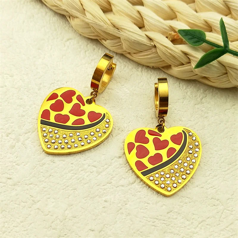 Trendy Double Love Heartbeat Heart Shape Earrings for Women Girls Enamel Stainless Steel Gold Color Gifts JewelryZZZ758-2