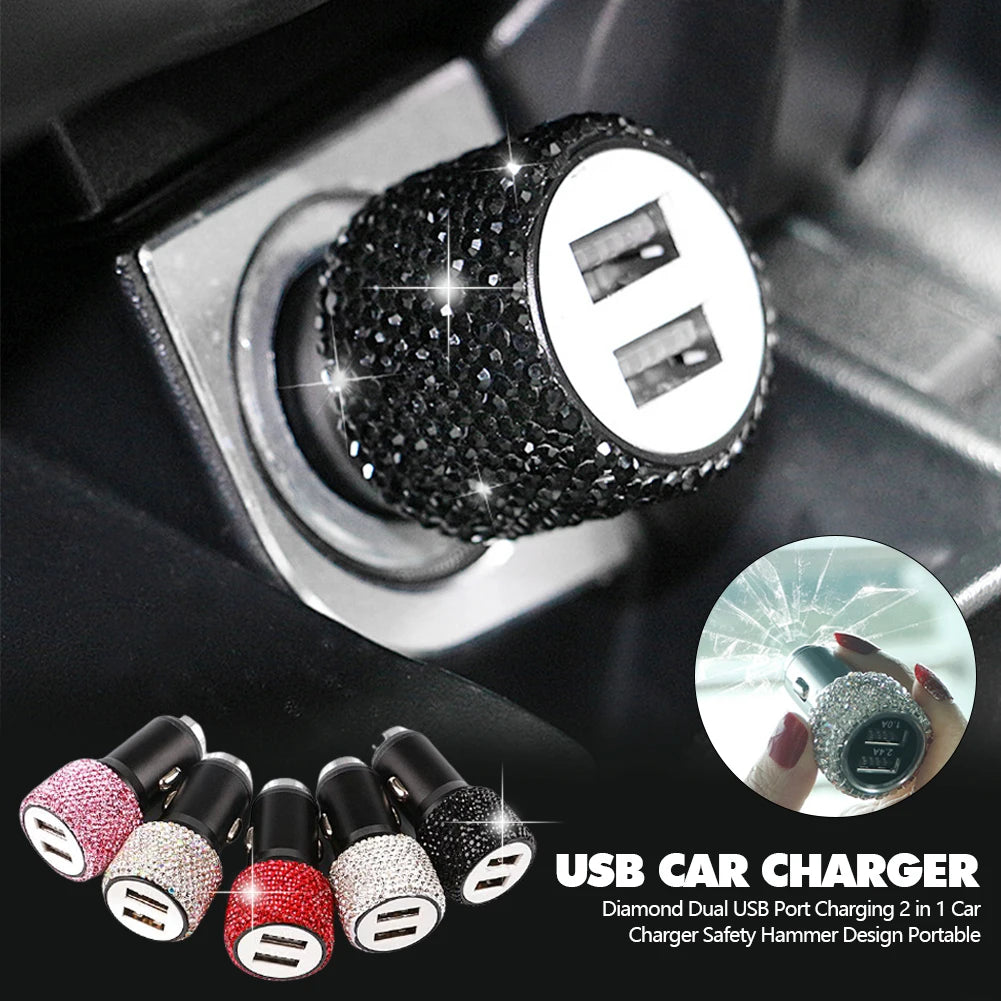 New Bling USB Car Charger 5V 2.1A Dual Port Fast Adapter Pink Car Decor Car Styling Diamond Car Accessories Interior for Woman