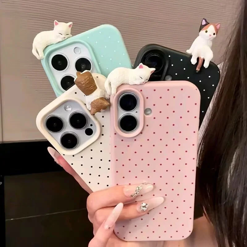 Korea Lovely Polka Dot Pattern Soft Phone Case For iPhone 16 15 14 13 12 Pro Max Plus X XR Cute 3D Cartoon Cat Shockproof Cover